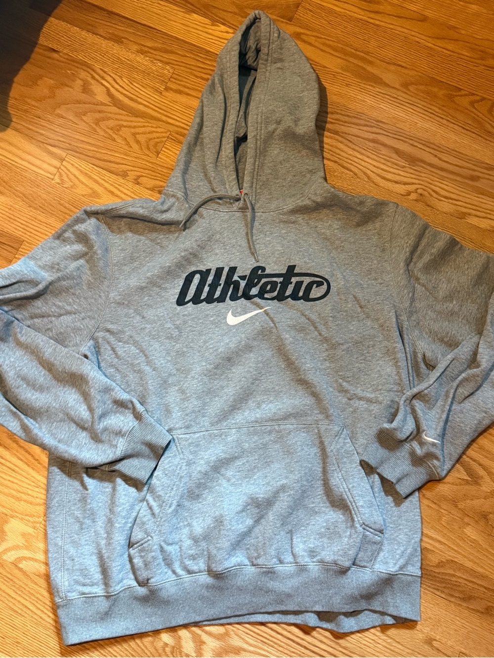 Nike Gray Hoodie with 'Athletic' Script and White Swoosh
